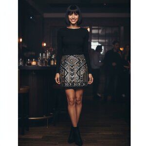 Express Sequin Mini Skirt Black and Gold Silver Stretch XS